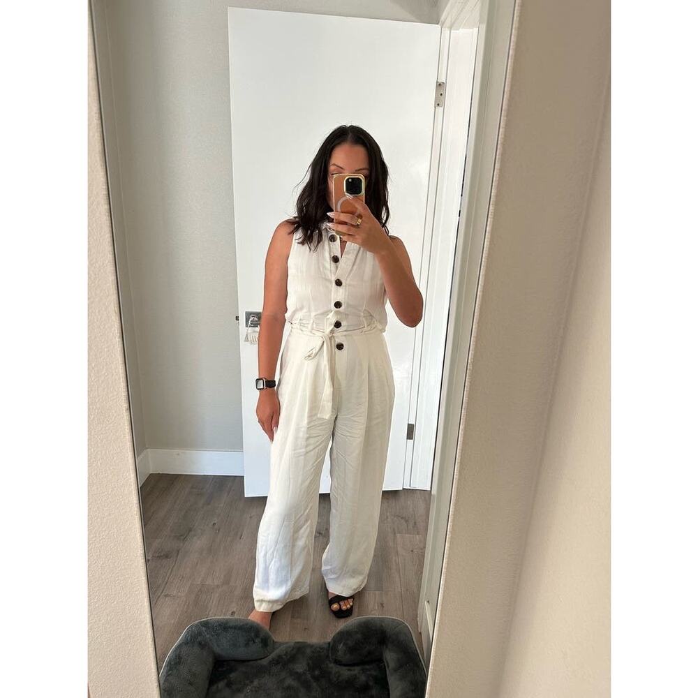 REISS Women's White Collared Front Button Belted Wide Leg Jumpsuit Size US 2 - Picture 12 of 14